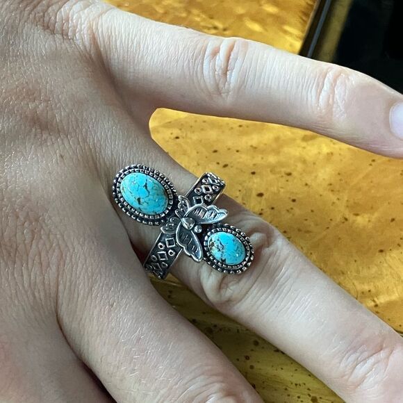 Natural Blue Moon Turquoise Sterling Silver Butterfly Ring Size 7 - Picture 3 of 9